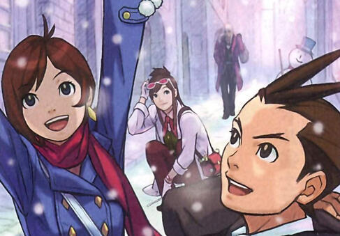 apollo justice, trucy wright, emma skye, and klavier gavin from ace attorney enjoying the snow together
